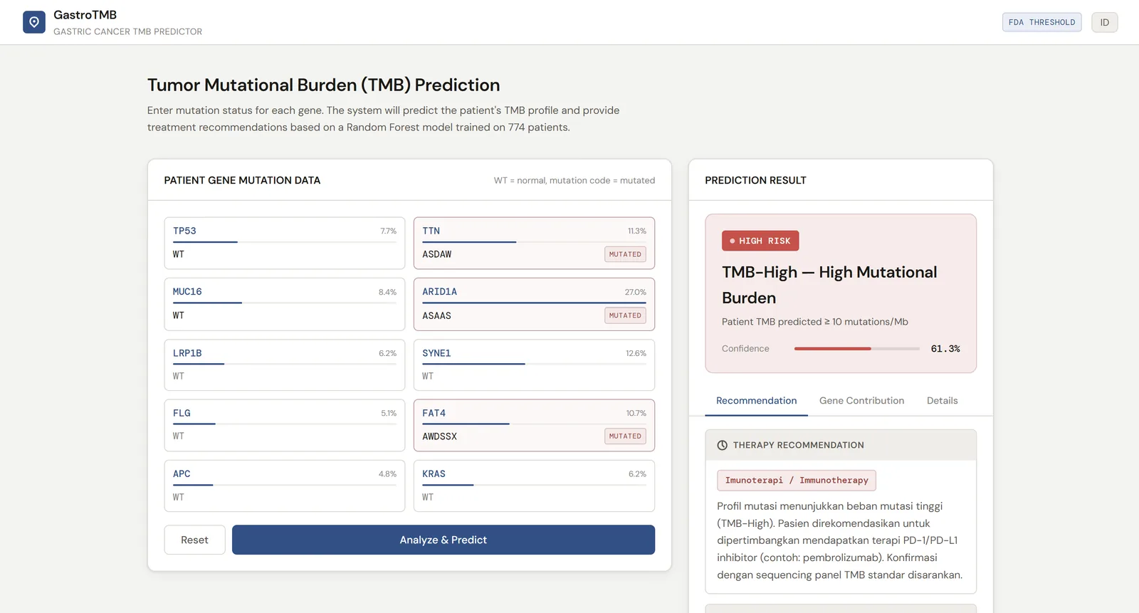 GastroTMB prediction screen: mutation status inputs for ten genes on the left and a TMB-High result with 61.3% confidence and a therapy recommendation on the right.